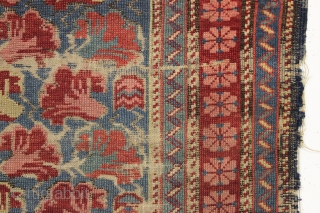 antique little kuba seichour rug with an iconic floral array on a beautiful light blue ground. "as found", overall fair pile with almost entirely oxidized browns. All natural colors including an attractive  ...