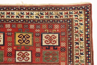 antique unusual karachopf kazak in good condition. Found in a New England barn. Beautiful large caucasian rug with all natural colors. Pretty tomato red ground with lots of light blue, richgreen and  ...