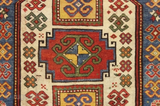 antique unusual karachopf kazak in good condition. Found in a New England barn. Beautiful large caucasian rug with all natural colors. Pretty tomato red ground with lots of light blue, richgreen and  ...