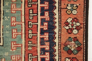 early small west anatolian rug. Old enough to have presence. All good colors. Damaged but complete. Waiting to be mounted or restored properly. Good age. First half 19th c. 4' x 4'9"  ...