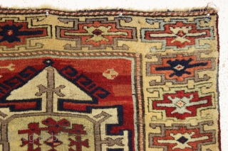 antique east anatolian kurdish rug fragment with archaic drawing and beautiful fleecy wool. All good old natural colors. Lovely soft purples and greens. Original two ends sewn together across the center. Some  ...