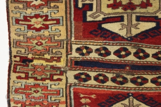 antique east anatolian kurdish rug fragment with archaic drawing and beautiful fleecy wool. All good old natural colors. Lovely soft purples and greens. Original two ends sewn together across the center. Some  ...