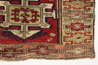 antique east anatolian kurdish rug fragment with archaic drawing and beautiful fleecy wool. All good old natural colors. Lovely soft purples and greens. Original two ends sewn together across the center. Some  ...