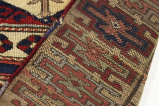 antique east anatolian kurdish rug fragment with archaic drawing and beautiful fleecy wool. All good old natural colors. Lovely soft purples and greens. Original two ends sewn together across the center. Some  ...