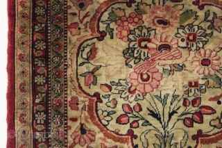 antique little pictorial kerman mat with bird and floral decoration. As found, very very dirty but overall good pile and tight weave. Appears to have a few small moth nibbles along the  ...