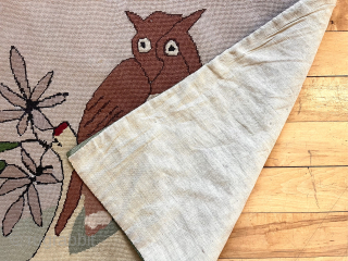 Give a hoot. Vintage needlepoint owl hanging or rug. Sewn on cloth backing. Cool and not square as shown. 24” x  36” $295 or bo       