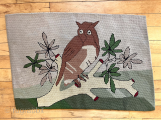 Give a hoot. Vintage needlepoint owl hanging or rug. Sewn on cloth backing. Cool and not square as shown. 24” x  36” $295 or bo       