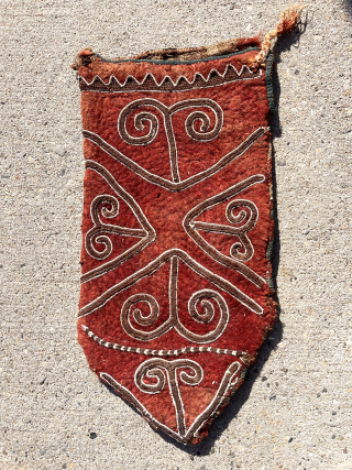 Old central Asian felt bag, presumably a holder of poles or arrows. Folder and bound on one side as shown. Fair condition with a few small old moth nibbles. Only one I  ...