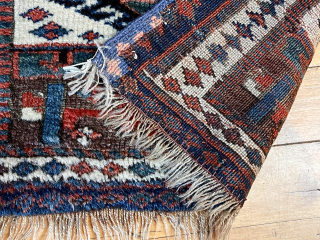 Antique Kurdish Bagface. Good example of this attractive design group. Mostly thick lustrous pile. All natural colors. One corner has small repair shown in back pic. Reasonably clean. A little jewel. 19th  ...