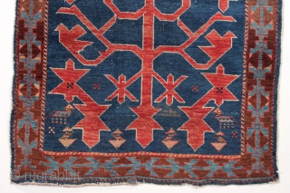 Antique caucasian Avar rug with iconic design. Overall mostly even low pile with scattered small old repairs, not very well done. Original selvages. Ends rough. Colors appear natural other than some bright  ...