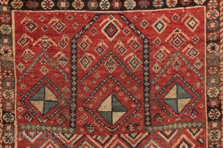 Antique caucasian mystery prayer rug with a dramatic and unusual design. Charming little rug. All good natural colors. Fair overall condition with low pile and end loss as shown. No repairs. Reasonably  ...