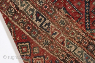 Antique caucasian mystery prayer rug with a dramatic and unusual design. Charming little rug. All good natural colors. Fair overall condition with low pile and end loss as shown. No repairs. Reasonably  ...