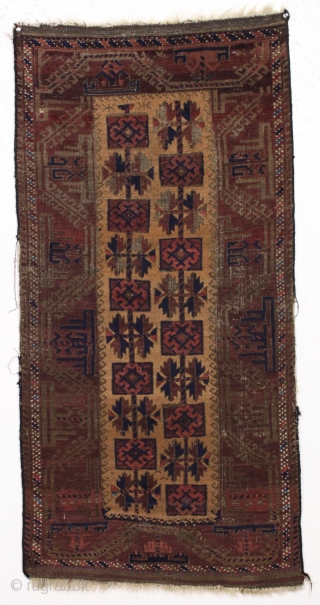 Antique baluch rug. Interesting design. Fair condition with some brown oxidation. 19th c. 2'9" x 4'10"                 