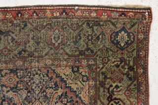 Antique farraghan rug. A true older farraghan rug with a lovely apple green border. In about as abused condition as possible and still be intact. Allover wear, ends crudely rewoven, etc. A  ...