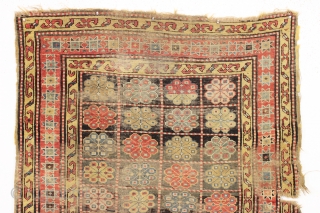 antique mystery rug. Caucasian? East Anatolian? Kurdish? Interesting design. Unusual palette. As found, very dirty with substantial scattered wear as shown. 19th c. 4'2" x 8'6"       