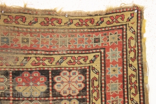 antique mystery rug. Caucasian? East Anatolian? Kurdish? Interesting design. Unusual palette. As found, very dirty with substantial scattered wear as shown. 19th c. 4'2" x 8'6"       