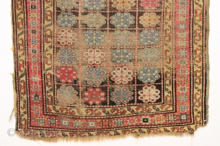 antique mystery rug. Caucasian? East Anatolian? Kurdish? Interesting design. Unusual palette. As found, very dirty with substantial scattered wear as shown. 19th c. 4'2" x 8'6"       