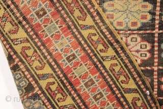 antique mystery rug. Caucasian? East Anatolian? Kurdish? Interesting design. Unusual palette. As found, very dirty with substantial scattered wear as shown. 19th c. 4'2" x 8'6"       