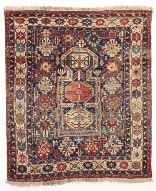 antique small caucasian kuba prayer rug in good condition with an interesting and desirable design. As found, with good even pile, original selvages and braided ends. Nice almost square size. Soft old  ...