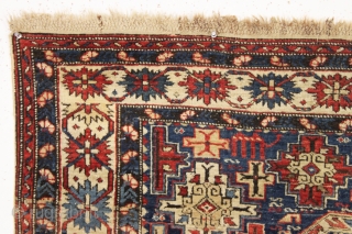 antique small caucasian kuba prayer rug in good condition with an interesting and desirable design. As found, with good even pile, original selvages and braided ends. Nice almost square size. Soft old  ...