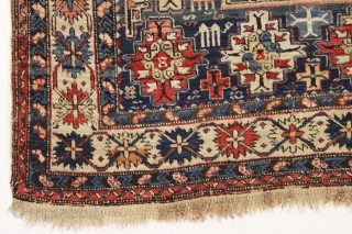antique small caucasian kuba prayer rug in good condition with an interesting and desirable design. As found, with good even pile, original selvages and braided ends. Nice almost square size. Soft old  ...