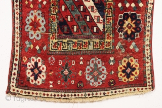 antique  little caucasian rug with very rich saturated natural colors. Fresh New England find. As found with mostly good pile, some creases, few small spots of wear as shown. All natural  ...