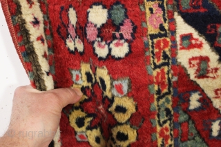 antique  little caucasian rug with very rich saturated natural colors. Fresh New England find. As found with mostly good pile, some creases, few small spots of wear as shown. All natural  ...