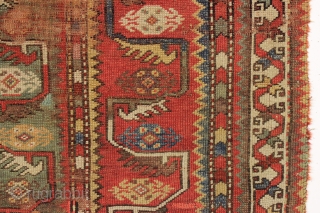 antique little turkish melas rug. Older example of the type. "as found", very dirty with areas of wear and edge loss as shown. Lovely all natural colors including a fine old yellow  ...