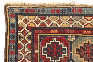 antique little caucasian rug with memling gul design field. Good saturated color and mostly good thick pile. Original selvages. Recent wash. Few nickel sized small holes, easily repaired. 19th c. 3'3" x  ...