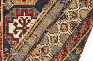 antique little caucasian rug with memling gul design field. Good saturated color and mostly good thick pile. Original selvages. Recent wash. Few nickel sized small holes, easily repaired. 19th c. 3'3" x  ...