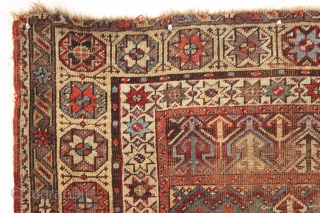 antique mudjar prayer rug. Older example, as found, very dirty with wear and damage as shown. All natural colors including a nice old green. Good age, ca. 1860. 4' x 5'1"  