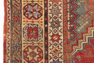 antique mudjar prayer rug. Older example, as found, very dirty with wear and damage as shown. All natural colors including a nice old green. Good age, ca. 1860. 4' x 5'1"  