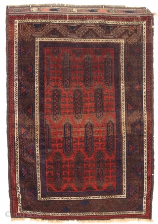 antique baluch rug. Interesting design and rich natural colors. Fresh New England find. Good even low pile with nice sculpting from heavy brown oxidation. Clean and brilliant with fiery reds. A little  ...