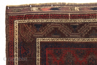 antique baluch rug. Interesting design and rich natural colors. Fresh New England find. Good even low pile with nice sculpting from heavy brown oxidation. Clean and brilliant with fiery reds. A little  ...