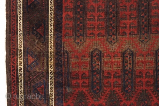 antique baluch rug. Interesting design and rich natural colors. Fresh New England find. Good even low pile with nice sculpting from heavy brown oxidation. Clean and brilliant with fiery reds. A little  ...