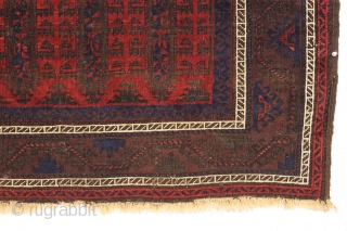 antique baluch rug. Interesting design and rich natural colors. Fresh New England find. Good even low pile with nice sculpting from heavy brown oxidation. Clean and brilliant with fiery reds. A little  ...