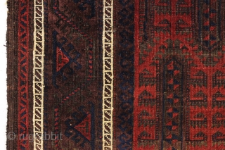 antique baluch rug. Interesting design and rich natural colors. Fresh New England find. Good even low pile with nice sculpting from heavy brown oxidation. Clean and brilliant with fiery reds. A little  ...