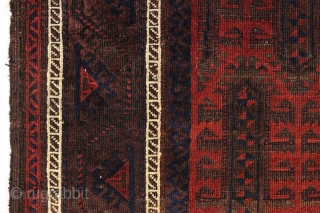 antique baluch rug. Interesting design and rich natural colors. Fresh New England find. Good even low pile with nice sculpting from heavy brown oxidation. Clean and brilliant with fiery reds. A little  ...