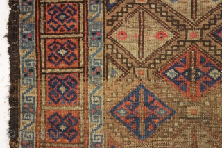 antique baluch rug. Interesting little rug with unusual and attractive coloring. Turkish knotted. As found, dirty with wear and edge roughness as shown. Old cleaning or storage tag included. Late 19th c.  ...