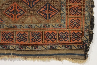 antique baluch rug. Interesting little rug with unusual and attractive coloring. Turkish knotted. As found, dirty with wear and edge roughness as shown. Old cleaning or storage tag included. Late 19th c.  ...