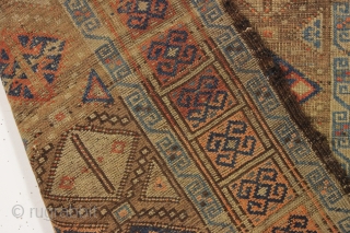 antique baluch rug. Interesting little rug with unusual and attractive coloring. Turkish knotted. As found, dirty with wear and edge roughness as shown. Old cleaning or storage tag included. Late 19th c.  ...