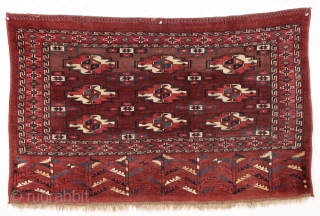 antique yomud chuval in exceptional condition. Another fresh turkman from a local New England collection. Very nice elem panel and allover good pile and beautiful glossy wool. All good natural colors with  ...