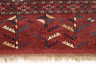 antique yomud chuval in exceptional condition. Another fresh turkman from a local New England collection. Very nice elem panel and allover good pile and beautiful glossy wool. All good natural colors with  ...