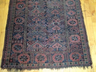 Old turkman beshir rug. As found, in poor condition and priced accordingly. All good colors. Well drawn study piece featuring an attractive border. Very dirty but structurally sound. Mid 19th c. 4'2"  ...