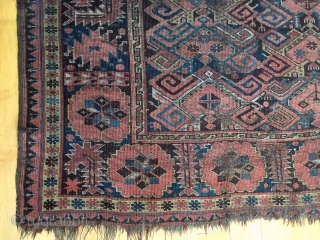 Old turkman beshir rug. As found, in poor condition and priced accordingly. All good colors. Well drawn study piece featuring an attractive border. Very dirty but structurally sound. Mid 19th c. 4'2"  ...