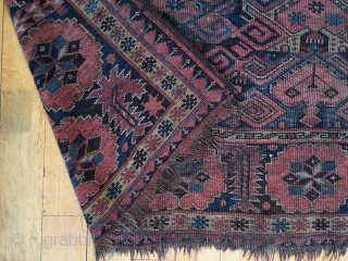 Old turkman beshir rug. As found, in poor condition and priced accordingly. All good colors. Well drawn study piece featuring an attractive border. Very dirty but structurally sound. Mid 19th c. 4'2"  ...