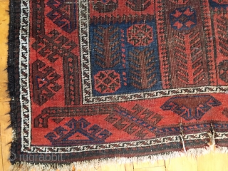 Old Baluch rug. Unusual and interesting design. Good colors. As found, in poor condition and priced accordingly. 19th c. 3'1" x 5'2"           