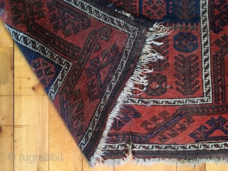 Old Baluch rug. Unusual and interesting design. Good colors. As found, in poor condition and priced accordingly. 19th c. 3'1" x 5'2"           