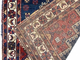 Antique little Afshar rug with classic design in good condition and lovely colors. Overall decent pile with slight scattered wear. Slight brown oxidation. Some warp depression. Nice squarish size. Reasonably clean. All  ...