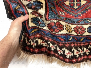 Antique large northwest Persian bagface with thick high pile. Powerful bold design. Fun skirt panel of stylized birds. Rich saturated color. Original selvages. All wool foundation. Coarse weave. Interesting construction using bands  ...